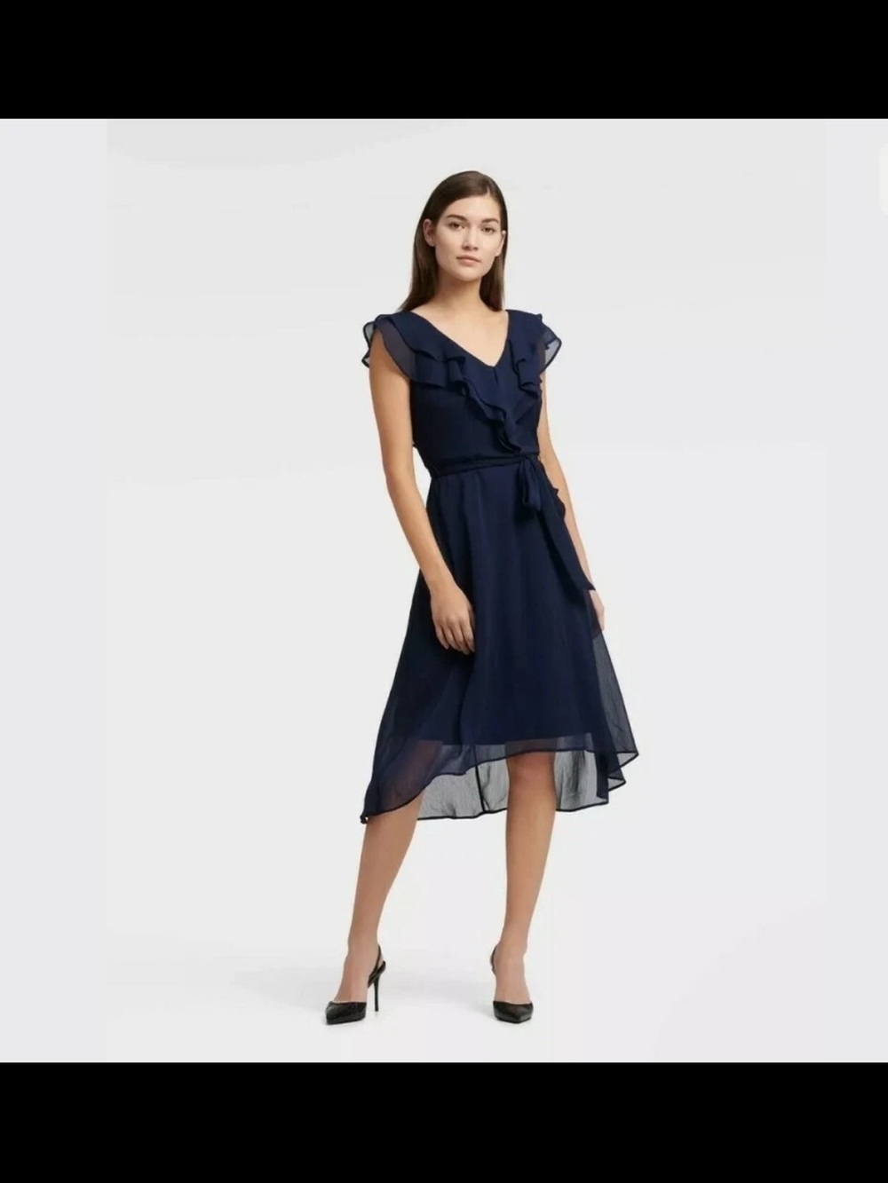 DKNY Ruffle V-Neck Midi Flutter Sleeves Chiffon Dress Midnight Blue